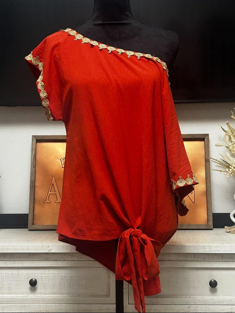 SHEIN Orange One-Shoulder Embellished Tie-Front Blouse